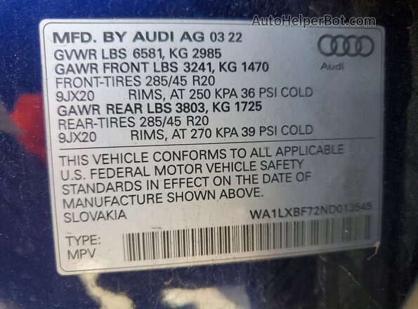 WA1LXBF72ND013545 2022 AUDI Q7 Blue Вид наклейки з VIN-кодом