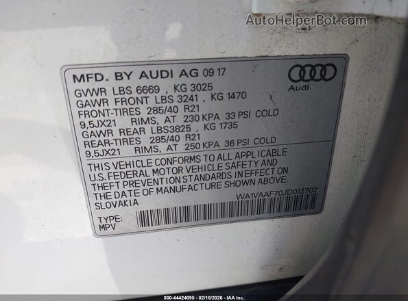 WA1VAAF70JD012702 2018 AUDI Q7 Белый Вид подкапотного пространства