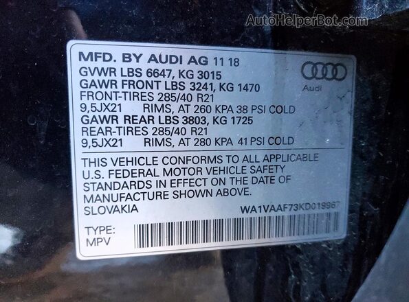 WA1VAAF73KD019967 2019 AUDI Q7 Black 
