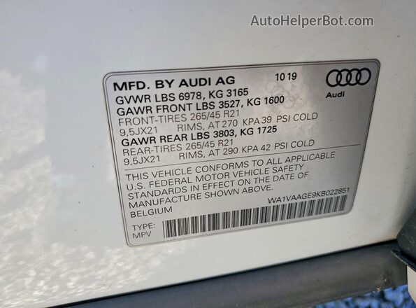 WA1VAAGE9KB022851 2019 AUDI E-TRON White 