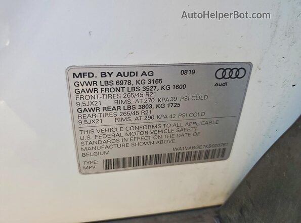 WA1VABGE7KB020781 2019 AUDI E-TRON White 360 interior view