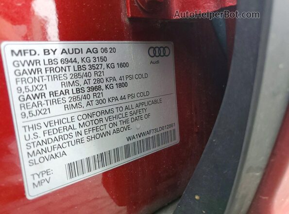 WA1VWAF73LD012861 2020 AUDI SQ7 Red Vista interior de 360 grados