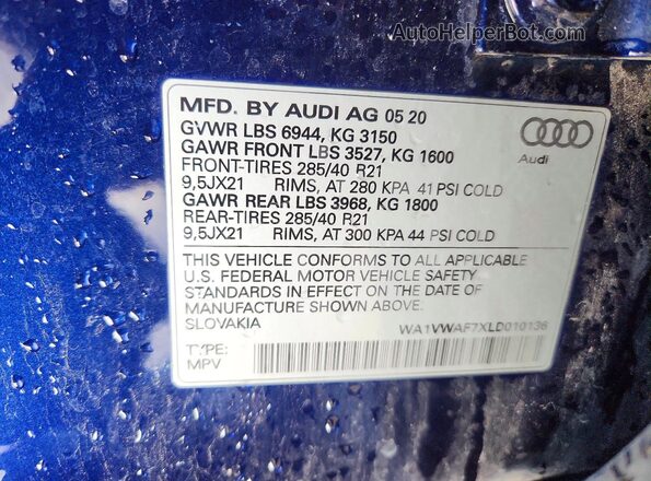 WA1VWAF7XLD010136 2020 AUDI SQ7 Blue VIN կոդի պիտակի տեսք