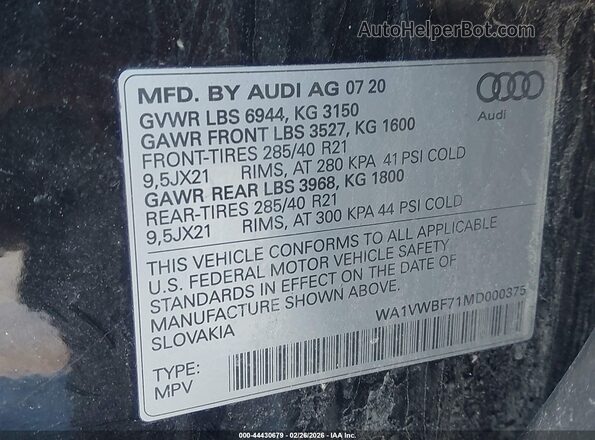 WA1VWBF71MD000375 2021 AUDI SQ7 Black Engine compartment view