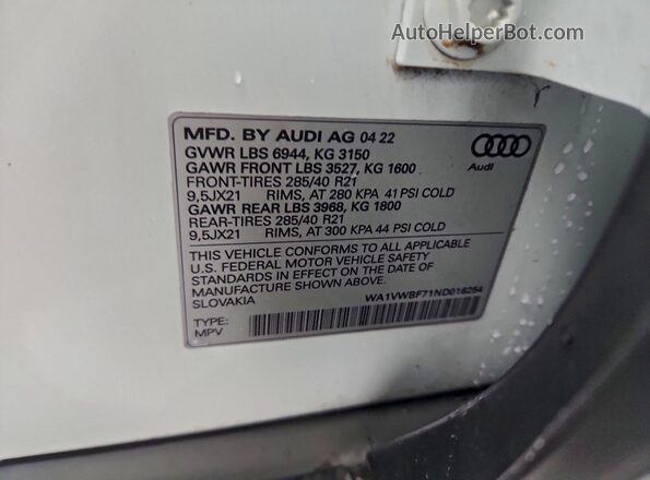 WA1VWBF71ND016254 2022 AUDI SQ7 Белый Вид наклейки с VIN-кодом
