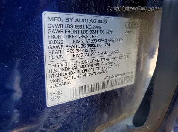 WA1VXAF72MD012249 2021 AUDI Q7 Синий 
