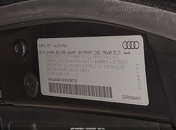 WAUANAF43HN008028 2017 AUDI OTHER Gray Engine compartment view