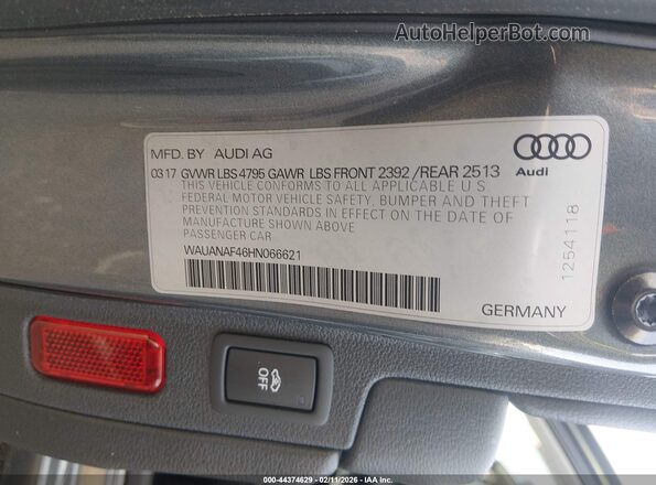 WAUANAF46HN066621 2017 AUDI OTHER Серый Вид подкапотного пространства