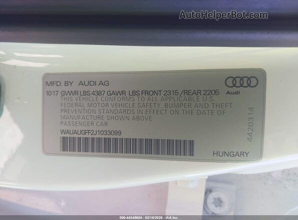 WAUAUGFF2J1033099 2018 AUDI OTHER White Շարժիչի բաժամունքի տեսք