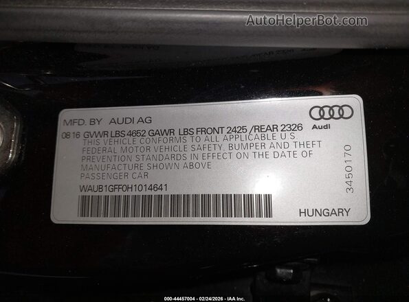 WAUB1GFF0H1014641 2017 AUDI S3 Черный Вид подкапотного пространства