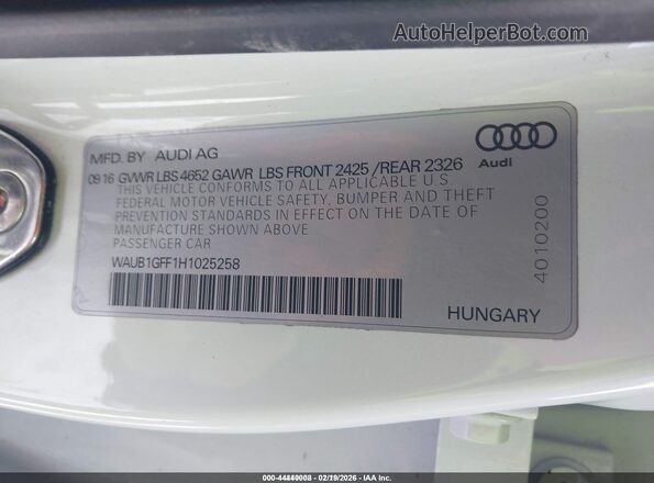 WAUB1GFF1H1025258 2017 AUDI S3 White Engine compartment view