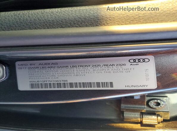 WAUB1GFF7H1063786 2017 AUDI S3 Charcoal ძრავის განყოფილების ხედი