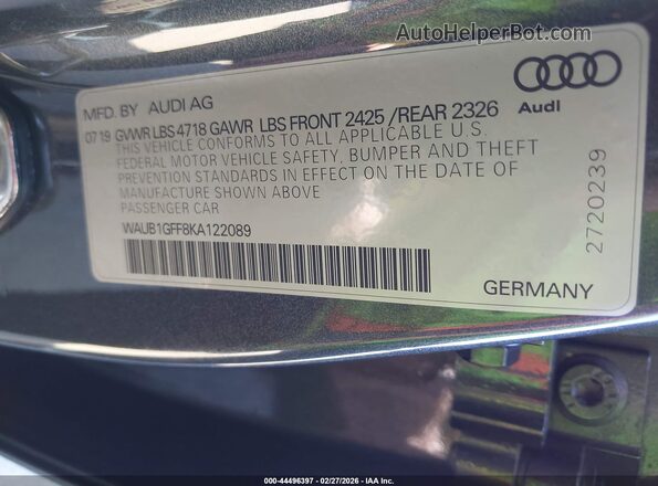 WAUB1GFF8KA122089 2019 AUDI S3 Gray ძრავის განყოფილების ხედი