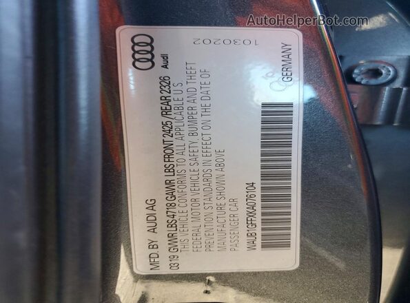 WAUB1GFFXKA076104 2019 AUDI S3 Gray VIN կոդի պիտակի տեսք