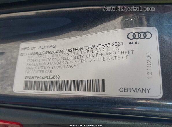WAUB4AF49JA002660 2018 AUDI S4 Gray Շարժիչի բաժամունքի տեսք