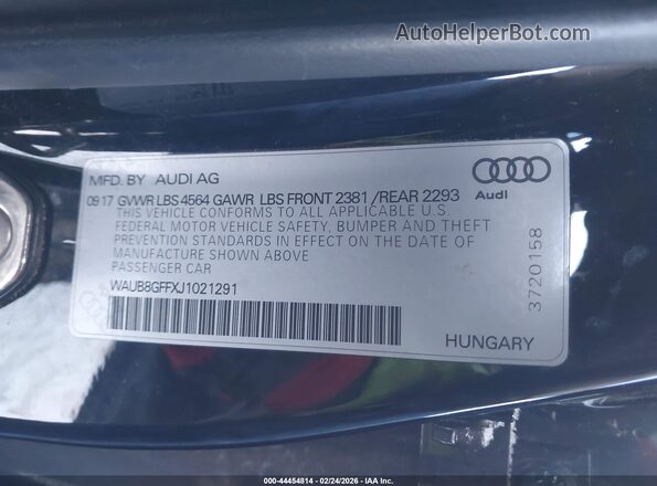 WAUB8GFFXJ1021291 2018 AUDI OTHER Black ძრავის განყოფილების ხედი