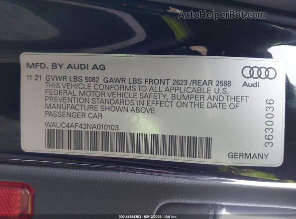 WAUC4AF43NA010103 2022 AUDI S4 Black ძრავის განყოფილების ხედი