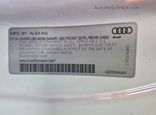 WAUC4AFR2HA001487 2017 AUDI S5 White VIN კოდის სტიკერის ხედი