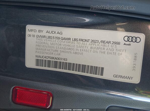 WAUC4CF58KA003163 2019 AUDI S5 Gray Widok komory silnika