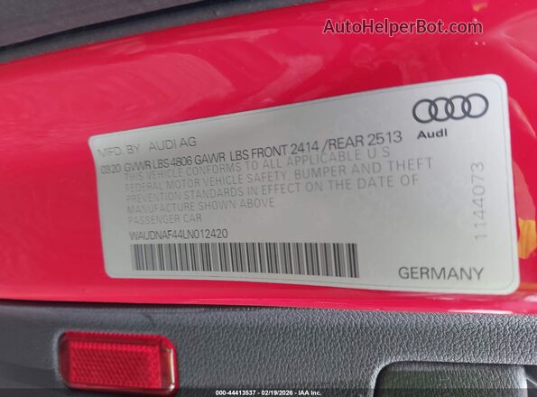 WAUDNAF44LN012420 2020 AUDI OTHER Red ძრავის განყოფილების ხედი