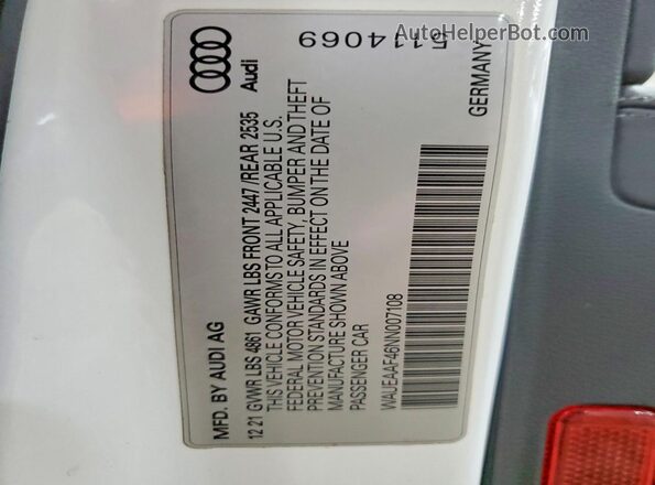WAUEAAF46NN007108 2022 AUDI OTHER Белый 