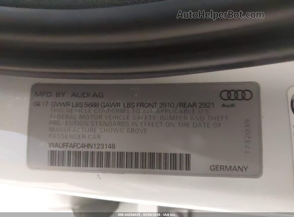 WAUFFAFC4HN123148 2017 AUDI S6 Белый Вид подкапотного пространства