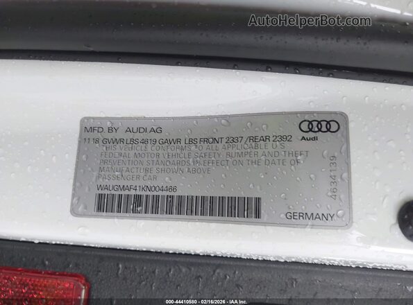 WAUGMAF41KN004466 2019 AUDI OTHER White Вид підкапотного простору
