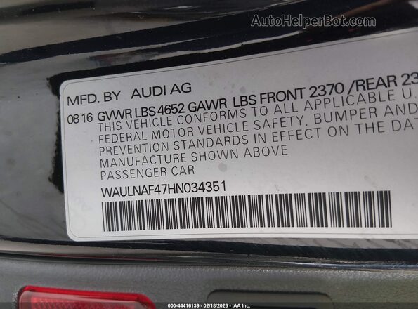 WAULNAF47HN034351 2017 AUDI OTHER Black Vista del compartimento del motor