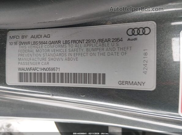 WAUWFAFC1HN059571 2017 AUDI S7 Gray Widok komory silnika