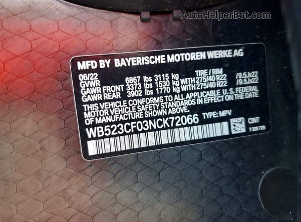 WB523CF03NCK72066 2022 BMW IX Синий Вид наклейки с VIN-кодом