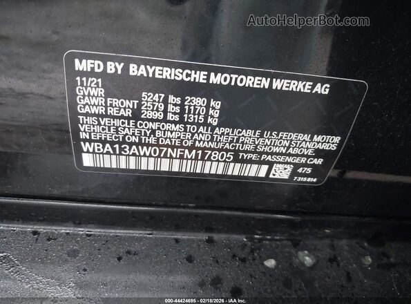 WBA13AW07NFM17805 2022 BMW OTHER Black ძრავის განყოფილების ხედი