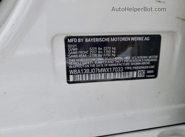 WBA13BJ07MWX17033 2021 BMW 5 SERIES White Vista de la etiqueta del VIN