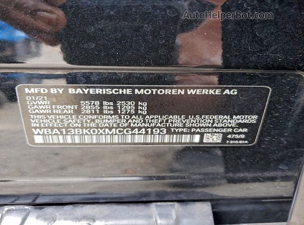 WBA13BK0XMCG44193 2021 BMW M5 Black VIN კოდის სტიკერის ხედი
