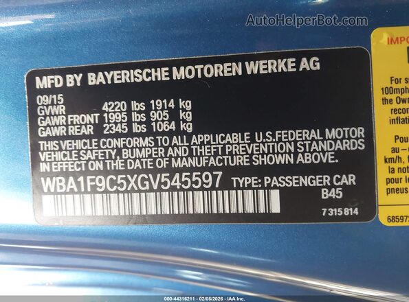WBA1F9C5XGV545597 2016 BMW 2 SERIES Синий Вид подкапотного пространства