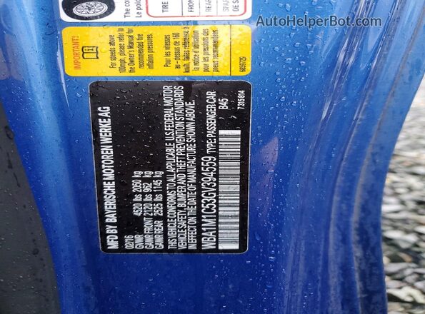 WBA1M1C53GV394559 2016 BMW M2 Blue Vista de la etiqueta del VIN