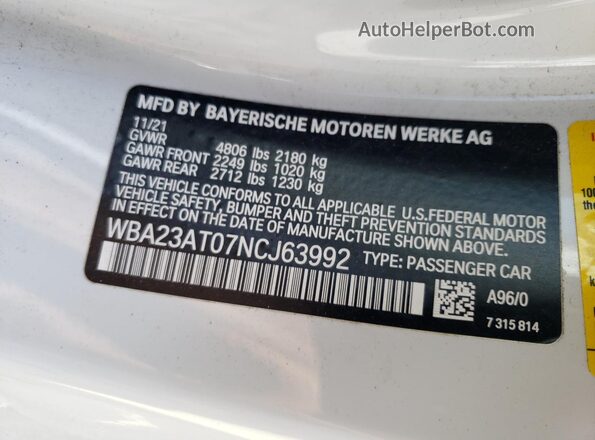 WBA23AT07NCJ63992 2022 BMW 4 SERIES White Engine compartment view