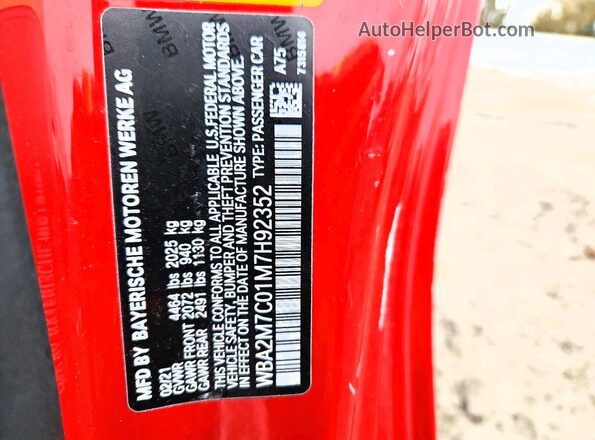 WBA2M7C01M7H92352 2021 BMW 2 SERIES Red Vista de la etiqueta del VIN