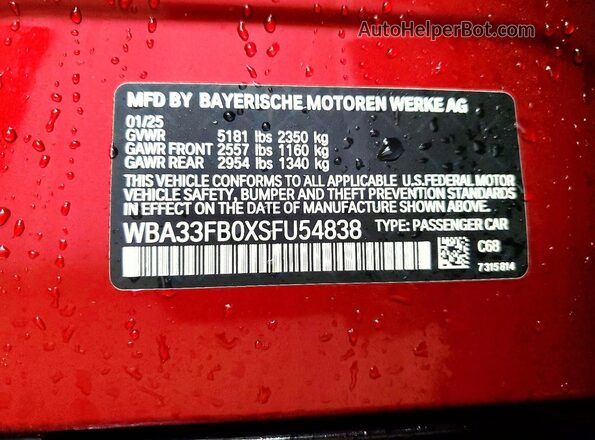 WBA33FB0XSFU54838 2025 BMW 4 SERIES Red Widok naklejki z numerem VIN