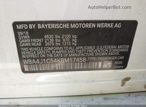 WBA4J1C54KBM17458 2019 BMW 7 SERIES White 