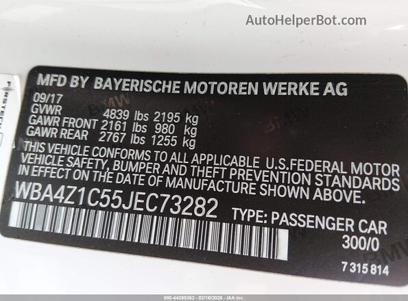 WBA4Z1C55JEC73282 2018 BMW 4 SERIES Белый Вид подкапотного пространства