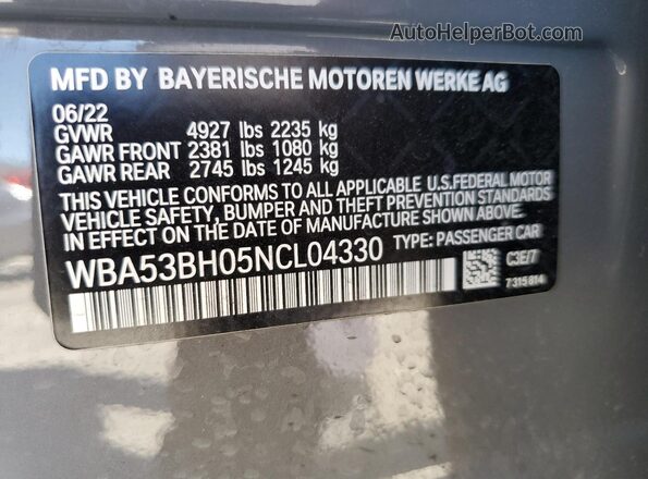 WBA53BH05NCL04330 2022 BMW 5 SERIES Серый Вид наклейки с VIN-кодом