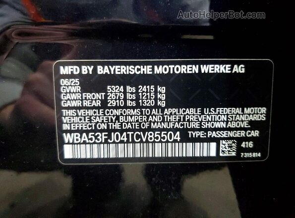 WBA53FJ04TCV85504 2026 BMW 5 SERIES Black VIN կոդի պիտակի տեսք