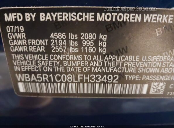 WBA5R1C08LFH33492 2020 BMW 3 SERIES Blue Вид підкапотного простору