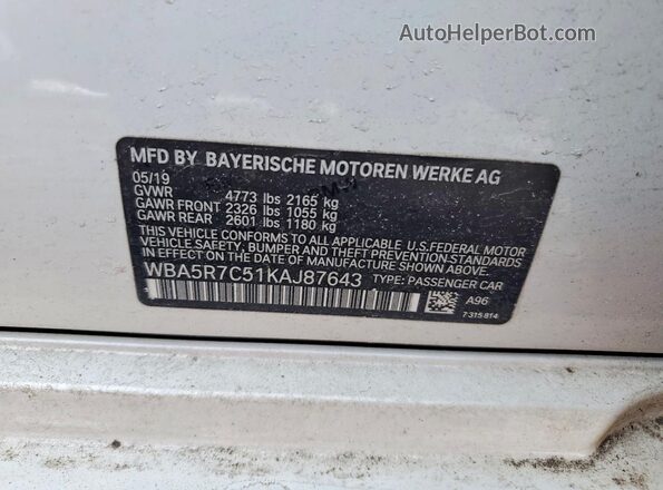 WBA5R7C51KAJ87643 2019 BMW OTHER White 