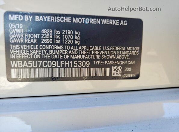 WBA5U7C09LFH15309 2020 BMW M3 White Widok naklejki z numerem VIN