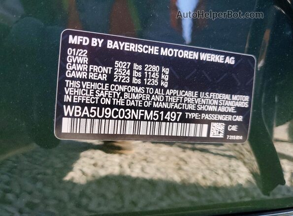WBA5U9C03NFM51497 2022 BMW M3 Teal VIN կոդի պիտակի տեսք