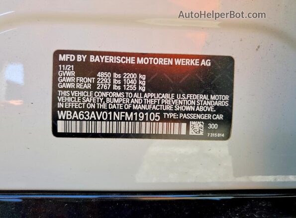 WBA63AV01NFM19105 2022 BMW 4 SERIES White Widok naklejki z numerem VIN