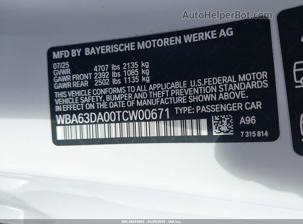 WBA63DA00TCW00671 2026 BMW 4 SERIES White Շարժիչի բաժամունքի տեսք