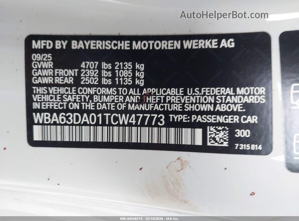 WBA63DA01TCW47773 2026 BMW 4 SERIES White ძრავის განყოფილების ხედი