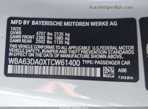 WBA63DA0XTCW61400 2026 BMW 4 SERIES White ძრავის განყოფილების ხედი